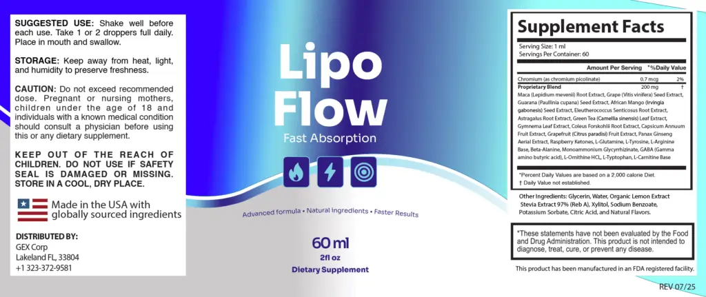 Lipo Flow product label showing suggested use, storage, and caution instructions